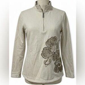 Coldwater Creek Floral Embroidered 1/4 Zip Pullover Cream XS 4